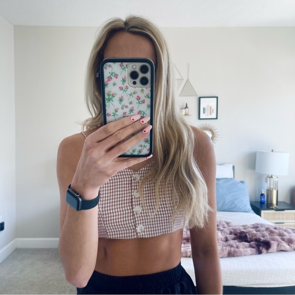 Superdown Checkered Button Crop Top - Picture 1 of 7